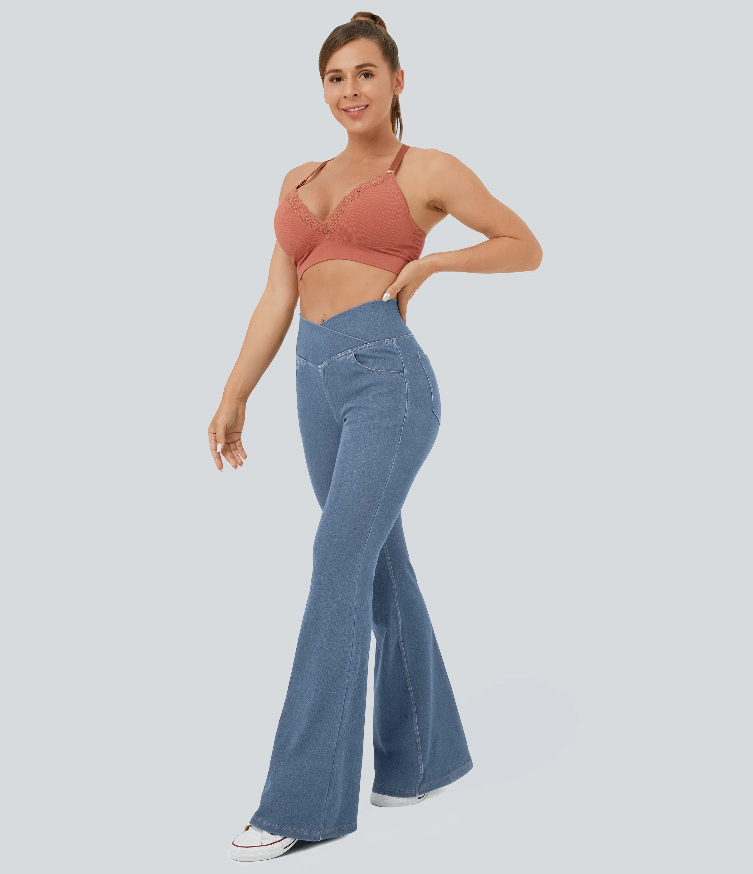 ⚡8 Packs for $25.95⚡- High Waisted Crossover Pocket Washed Stretchy Knit Casual Super Flare Jeans