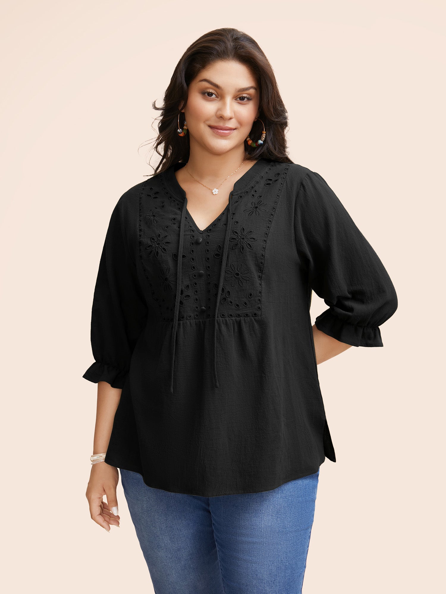 Broderie Anglaise Tie Knot Lantern Sleeve Blouse