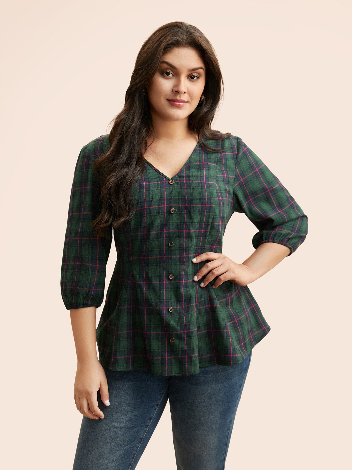 Plaid Button Detail Lantern Sleeve Blouse