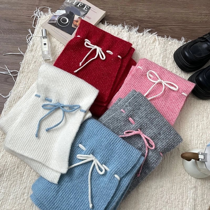 Women's Casual Sweet Bow Knot Spandex Polyester Acrylic Knitted Scarf Hat Gloves