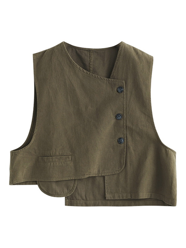 Vintage Asymmetric Solid Color Buttoned Vest Top
