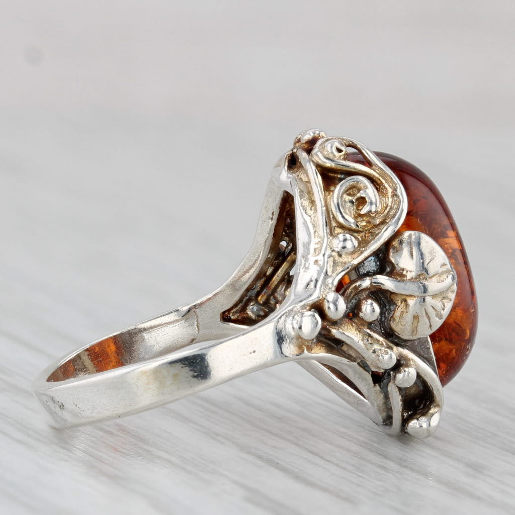 Amber Oval Cabochon Ring Sterling Silver Floral Size 4.75