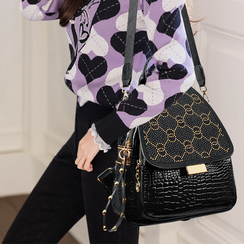 🎒Women's Black Large Capacity Sparkling Rhinestone & Geometric Print Backpack✨