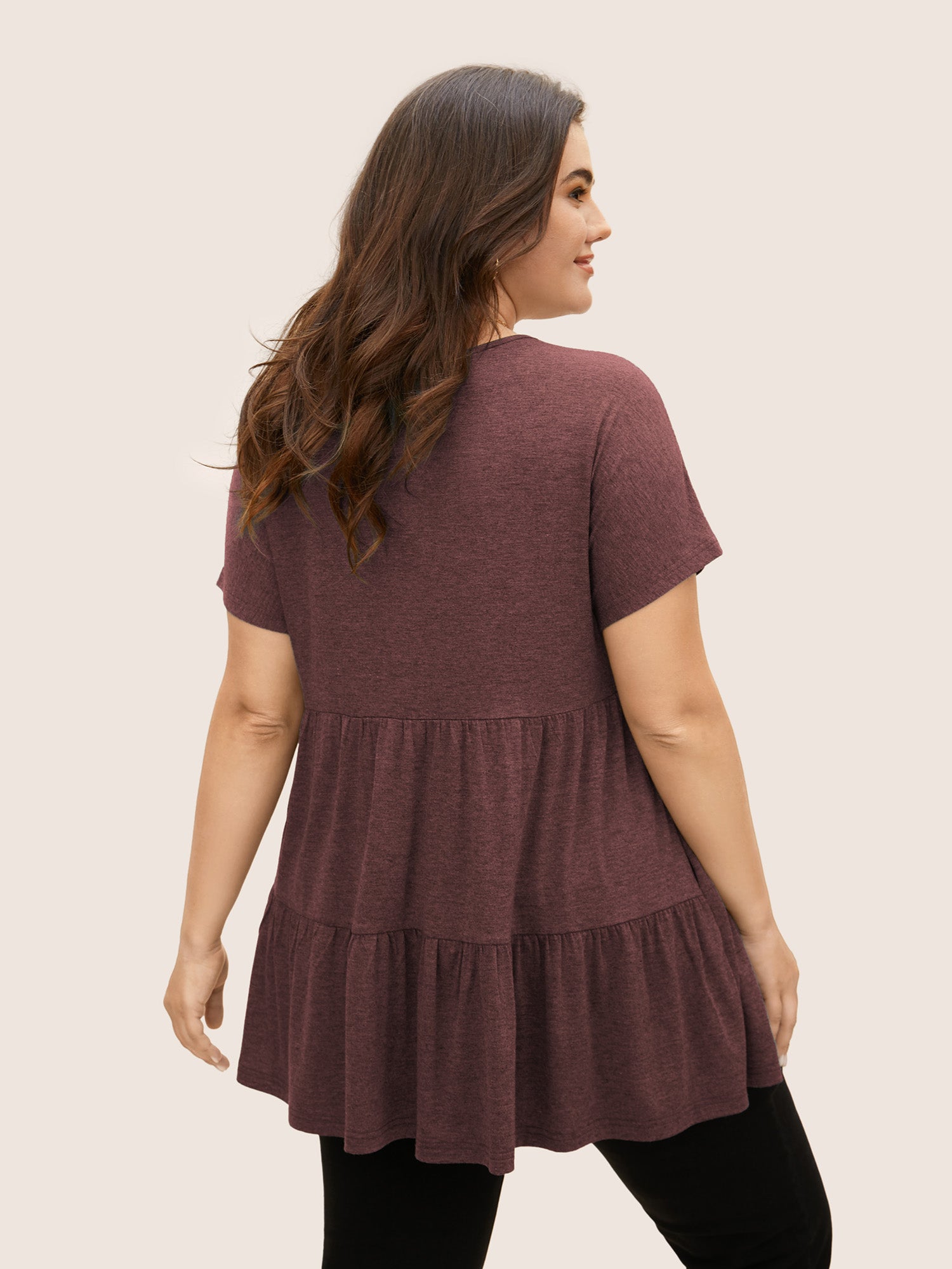 V Neck Button Detail Ruffle Layered Hem T-shirt