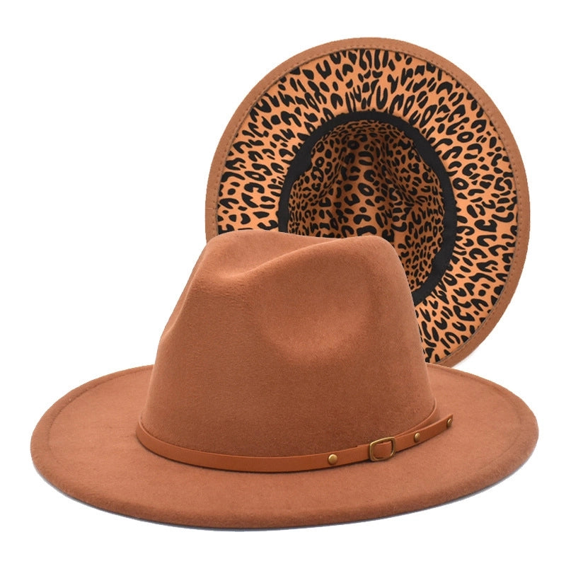 Hot Sale New Leopard Print Color Matching Top Hat Autumn And Winter Jazz Felt Hat Double-sided Personality Belt Top Hat Trend