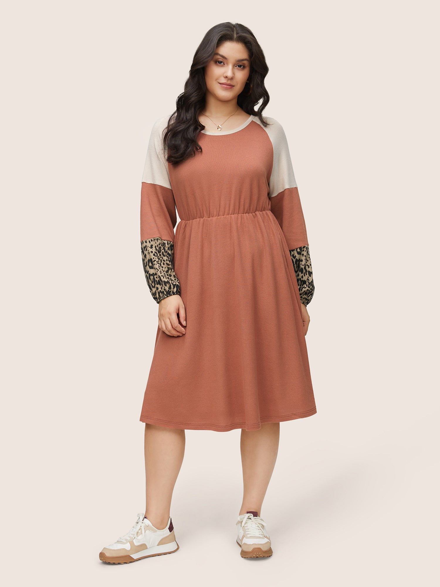 Colorblock Patchwork Leopard Raglan Sleeve Dress