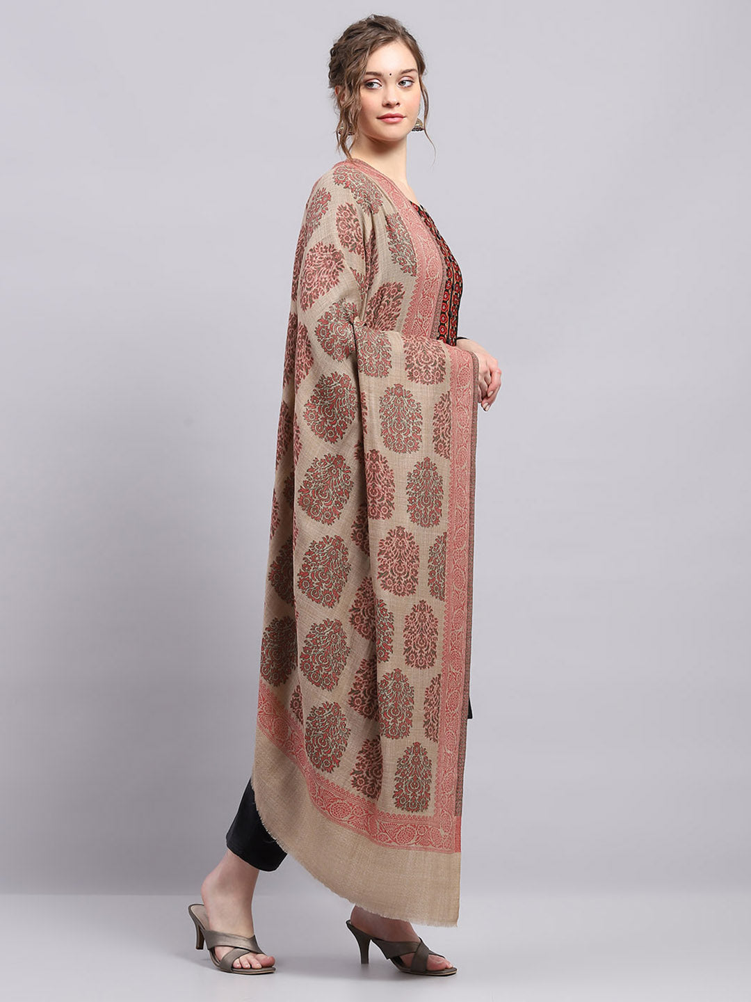 Women Beige Self Design Shawl