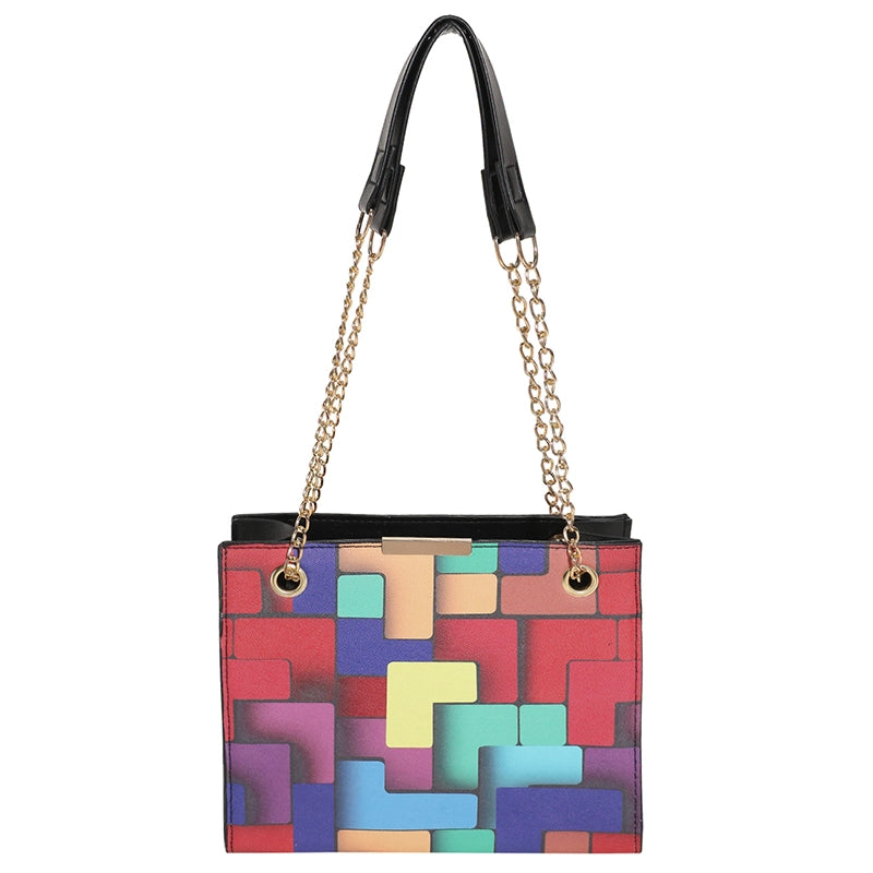 Women's Pu Leather Color Block Lattice Streetwear Square Zipper Shoulder Bag Crossbody Bag