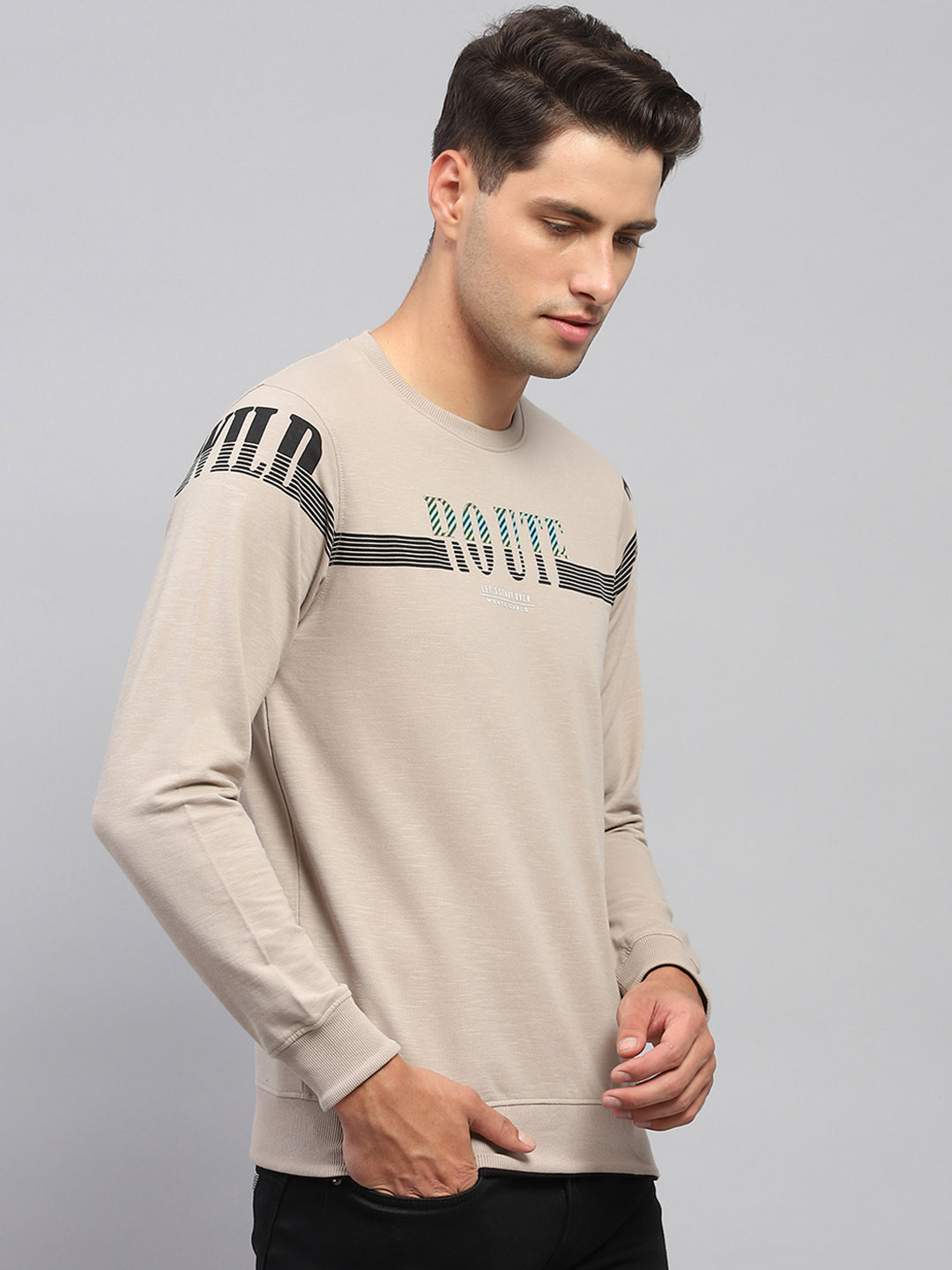 Men Beige Printed Round Neck Full Sleeve T-Shirt