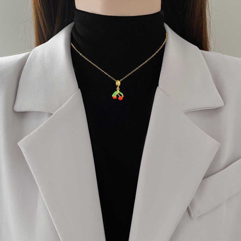Green Leaf Cherry Oil Drop Fashion Gorgeous Full Diamond Necklace Women'S All-Match Clavicle Chain Titanium Steel