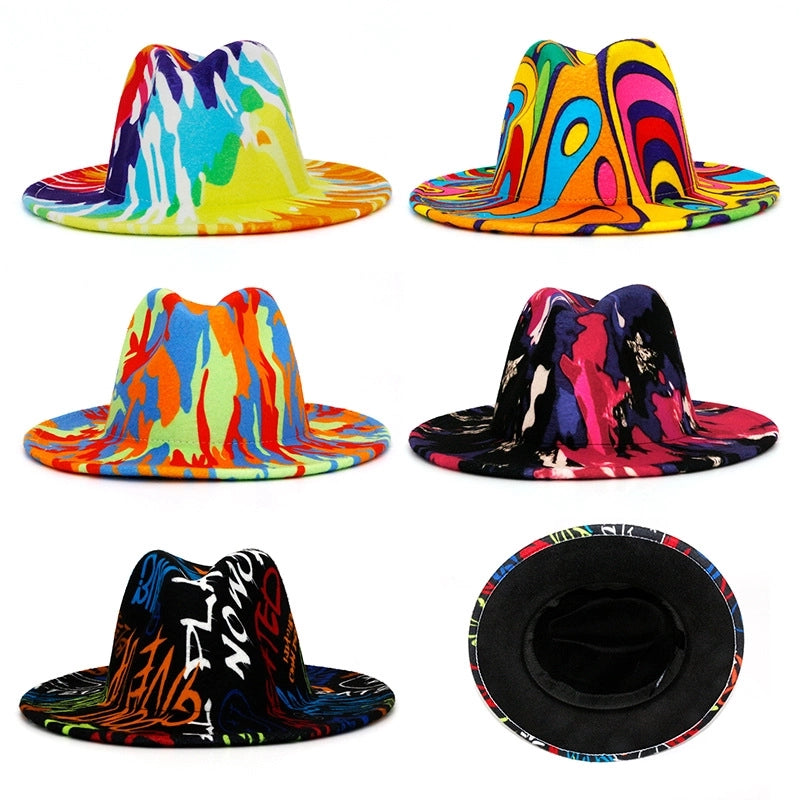 Autumn And Winter Tie-Dye Woolen Hat Fashion Hip-Hop Jazz Top Hat Men's Adult Printed Sunshade Warm Felt Hat