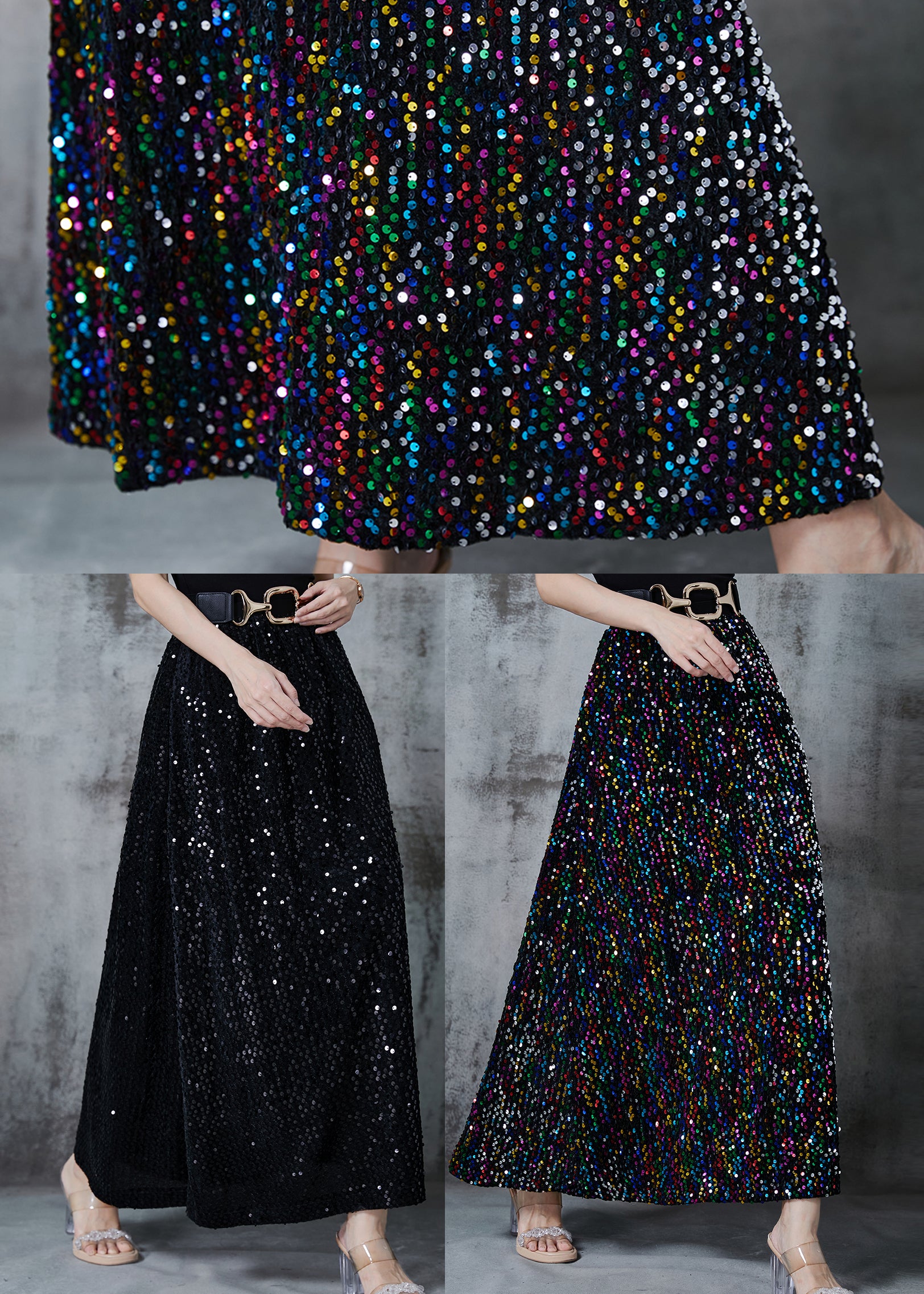 Stylish Black Sequins Cotton A Line Skirts Fall