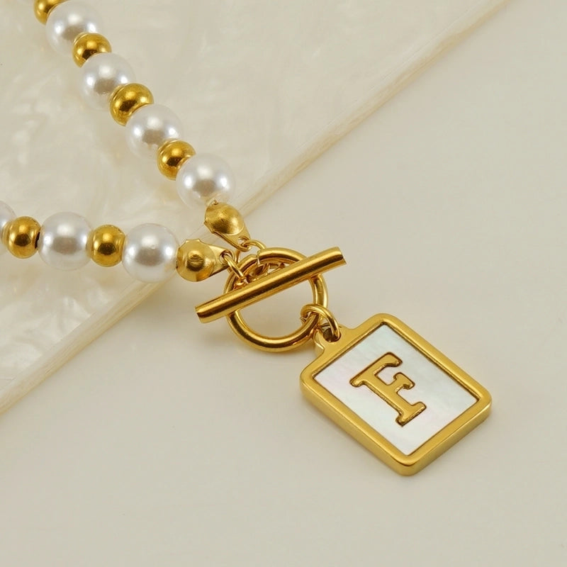 Stainless Steel 18K Gold Plated Elegant French Style Pearl Plating Inlay Letter Shell Pendant Necklace