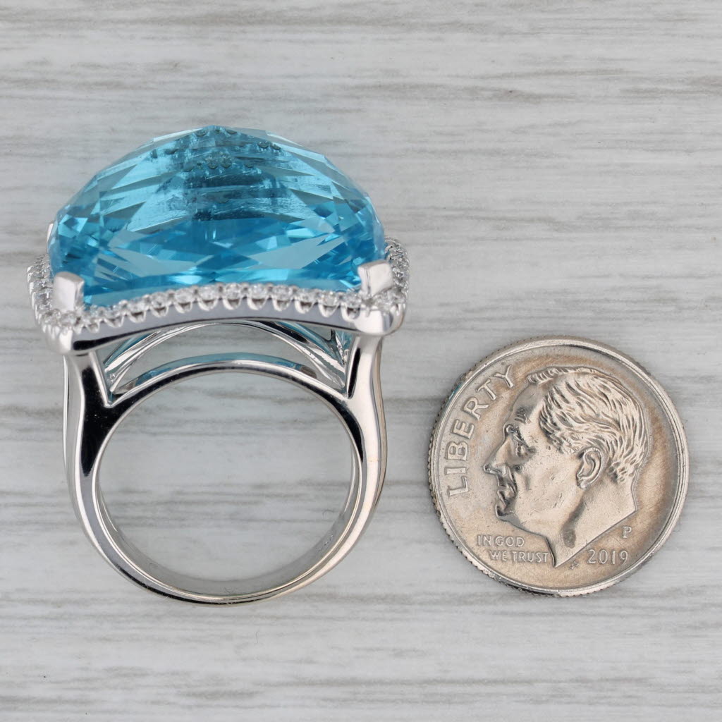 37.47ctw Blue Topaz Diamond Halo Ring 18k White Gold Size 6.5 Cocktail