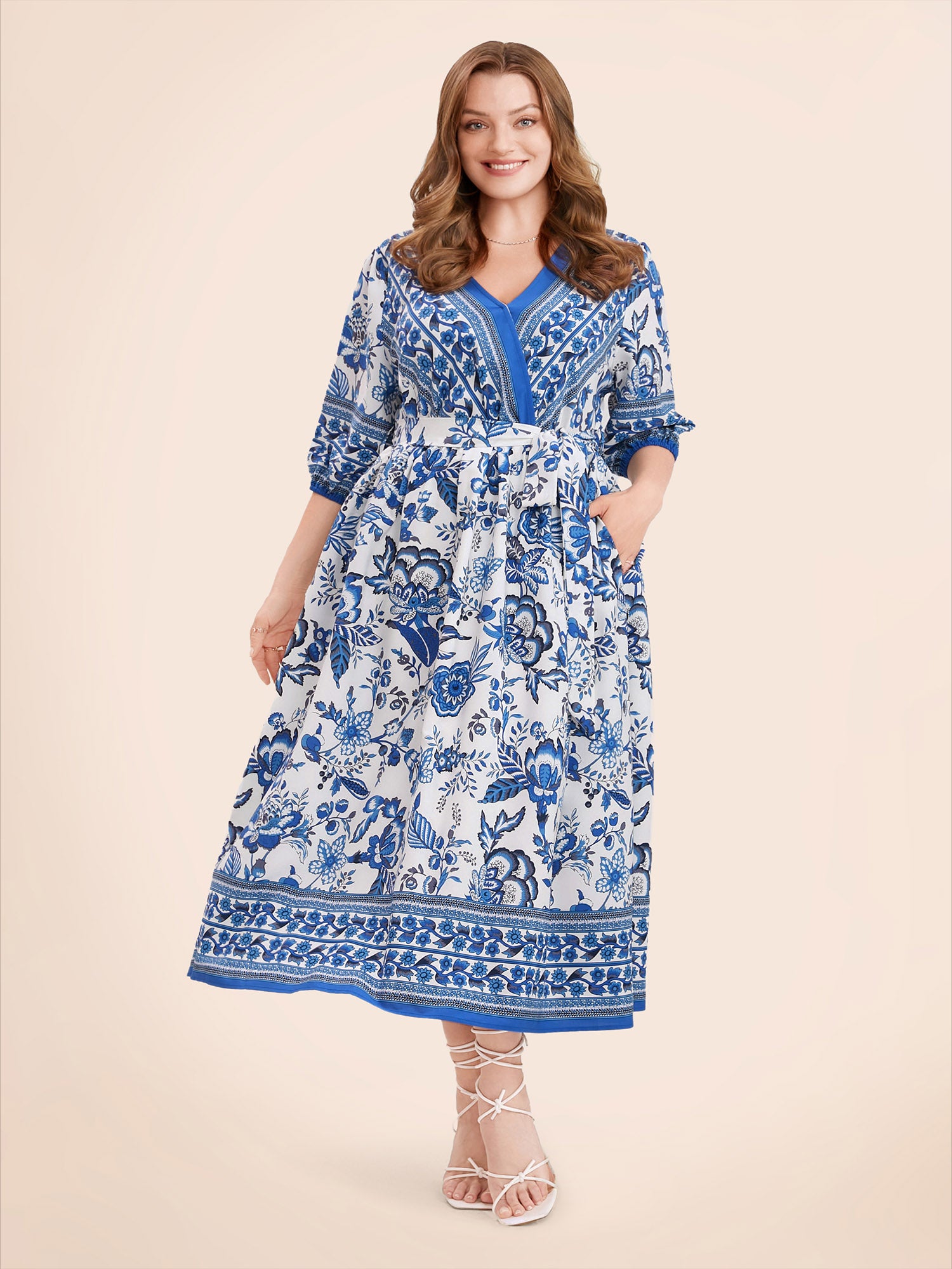 Bandana Print Surplice Neck Lantern Sleeve Pocket Belted Midi Dress