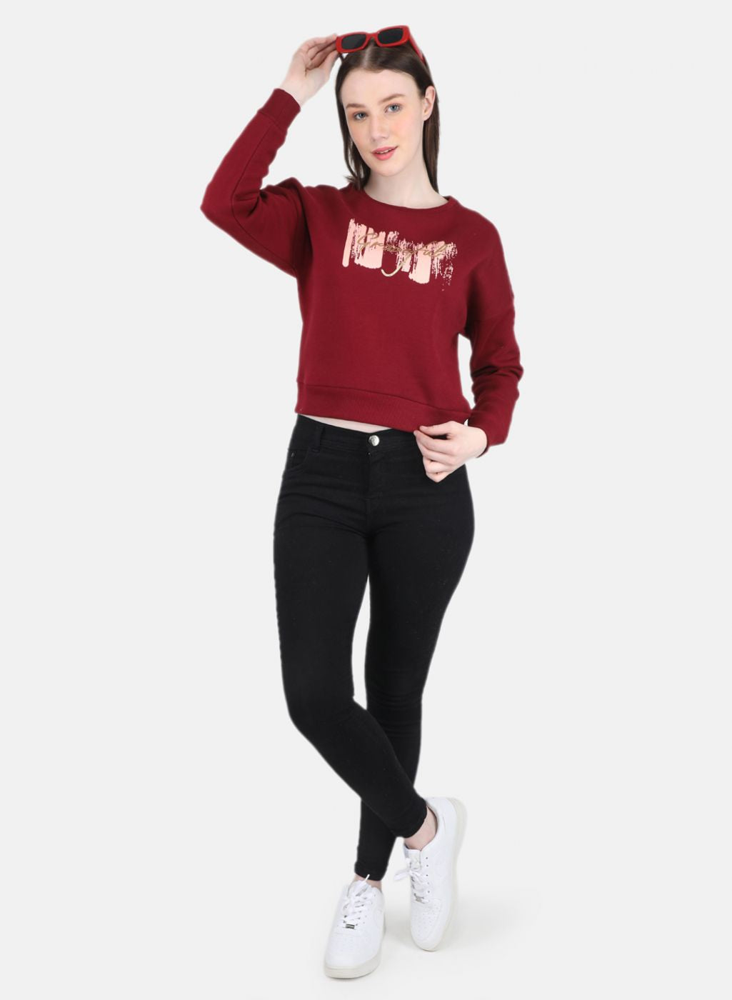 Women Maroon Printed Round Neck Full Sleeve Sweatshirt