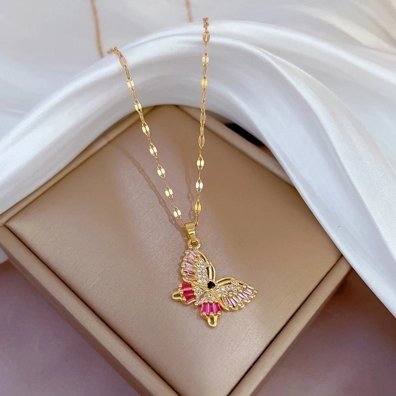 Minimalist Butterfly Titanium Steel Copper Plating Inlay Zircon Pendant Necklace