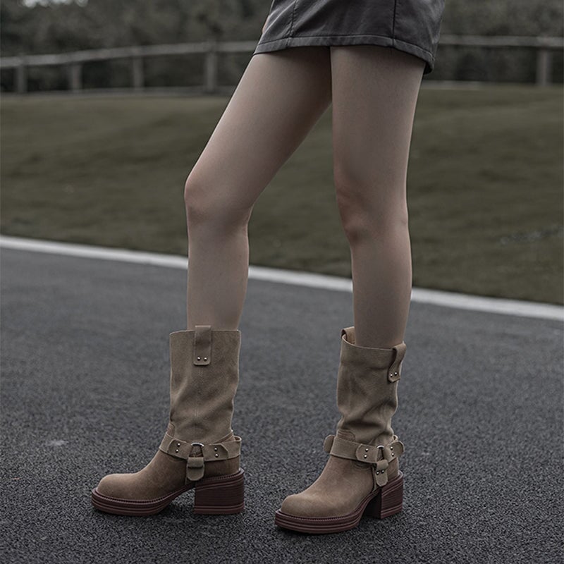Women's Leather Western Boots Block Heel Mid Calf Boots for Autumn/Winter