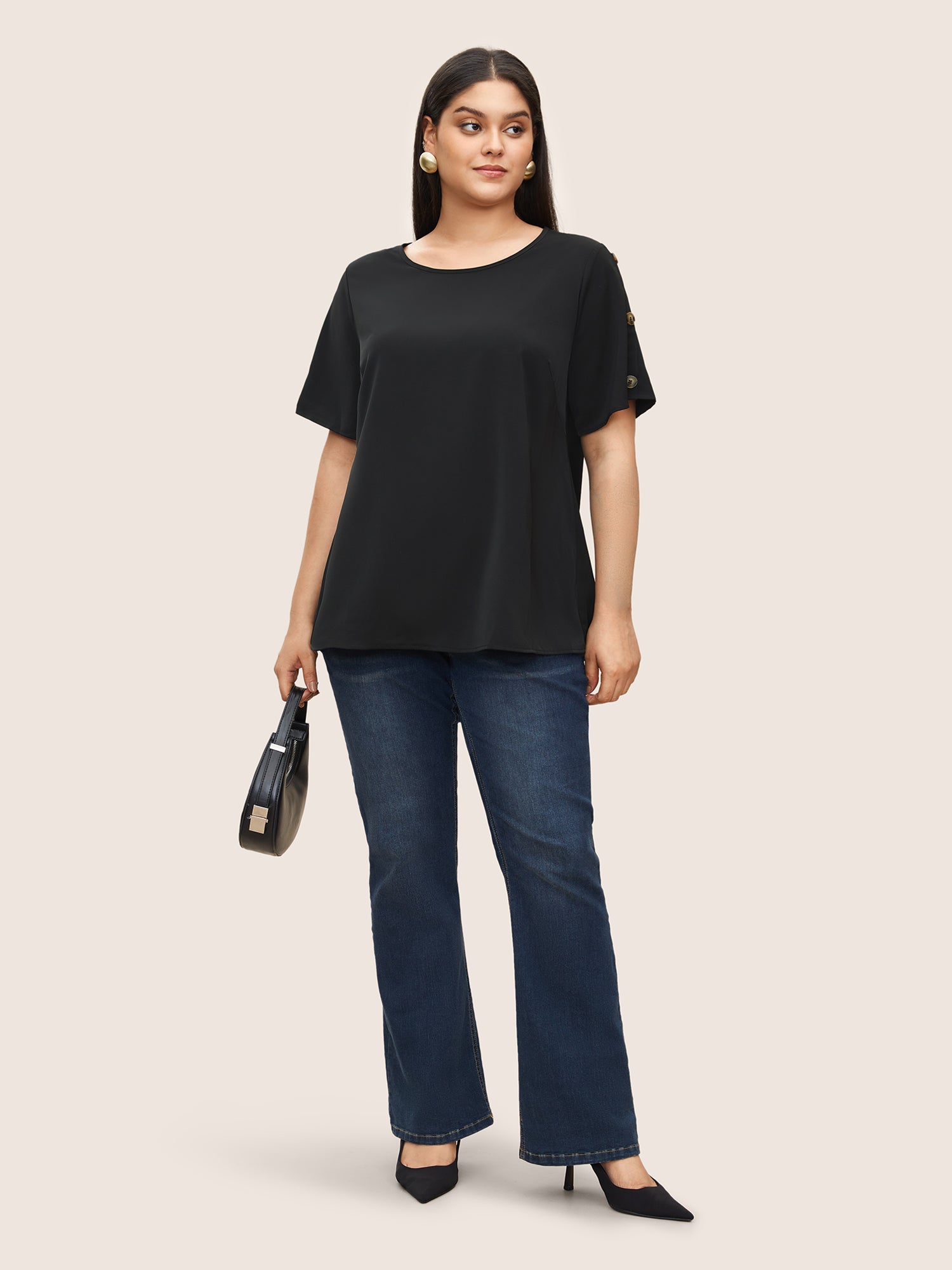 Plain Round Neck Button Detail Blouse