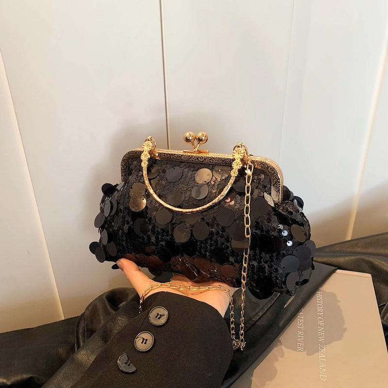 Women's Sequin Solid Color Elegant Streetwear Shell Lock Clasp Shoulder Bag Crossbody Bag