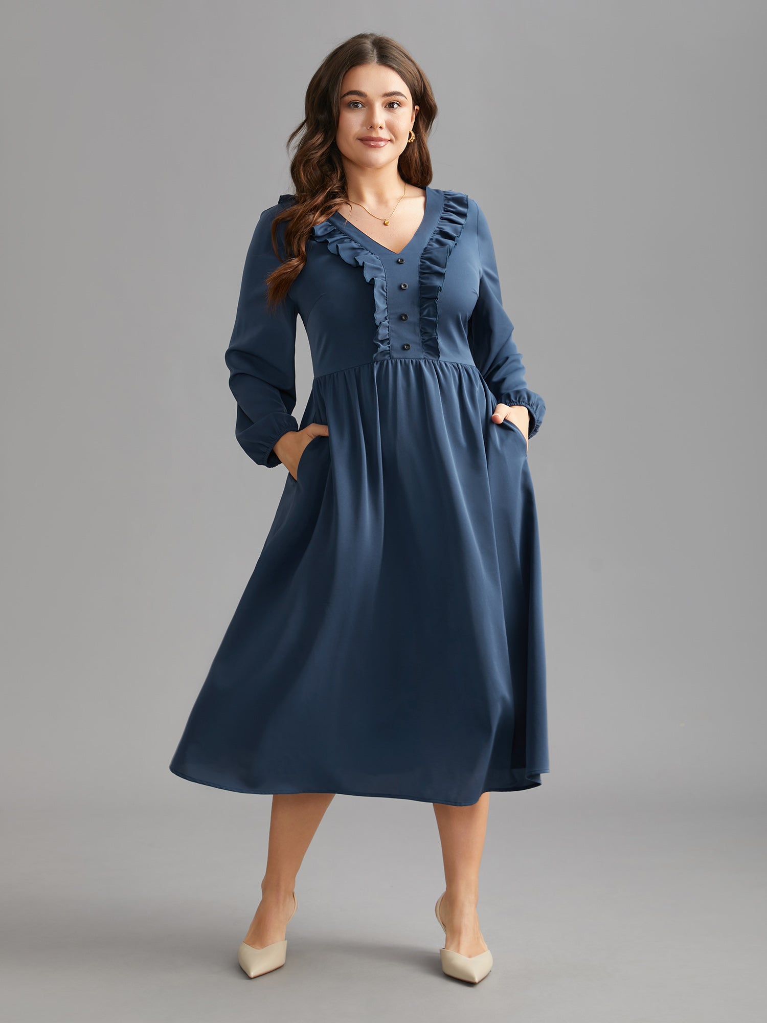 Solid Ruffle Trim Elastic Waist Midi Dress