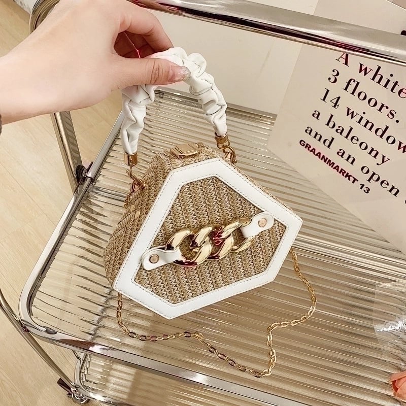 Women's Small Straw Geometric Classic Style Lock Clasp Straw Bag