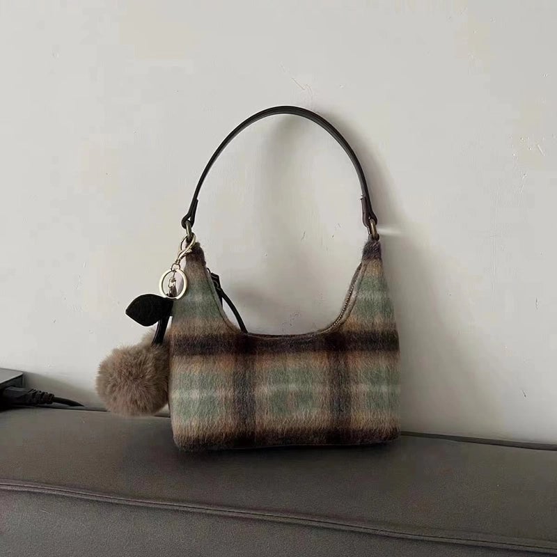 Wool Plaid Retro Niche Underarm Bag For Women New Autumn And Winter Cherry High-grade Portable Shoulder Bag