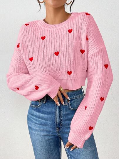 Final Sale⚡4 Packs for $24.98⚡ -Women's Heart Patterned Crew Neck Sweater