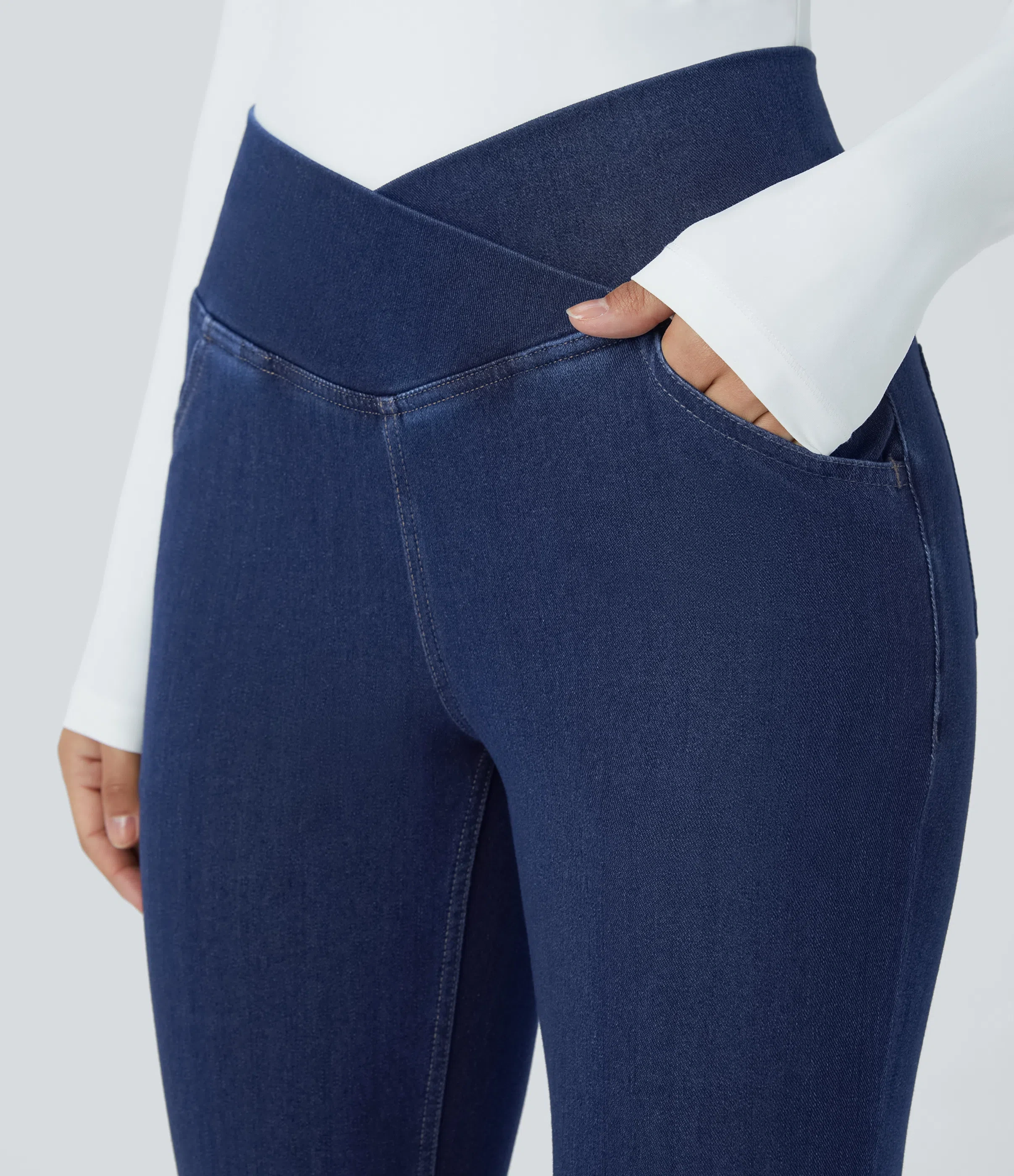 ⚡8 Packs for $25.95⚡- High Waisted Crossover Pocket Washed Stretchy Knit Casual Super Flare Jeans