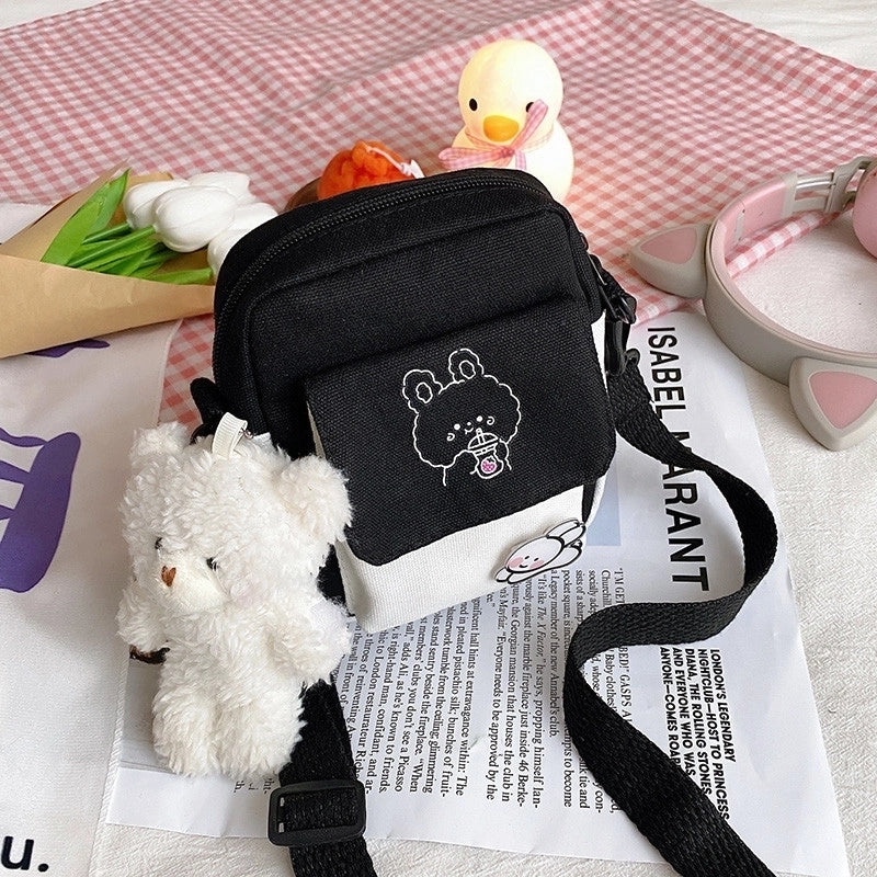 Women's Small Canvas Animal Color Block Basic Preppy Style Square Zipper Shoulder Bag Canvas Bag Crossbody Bag