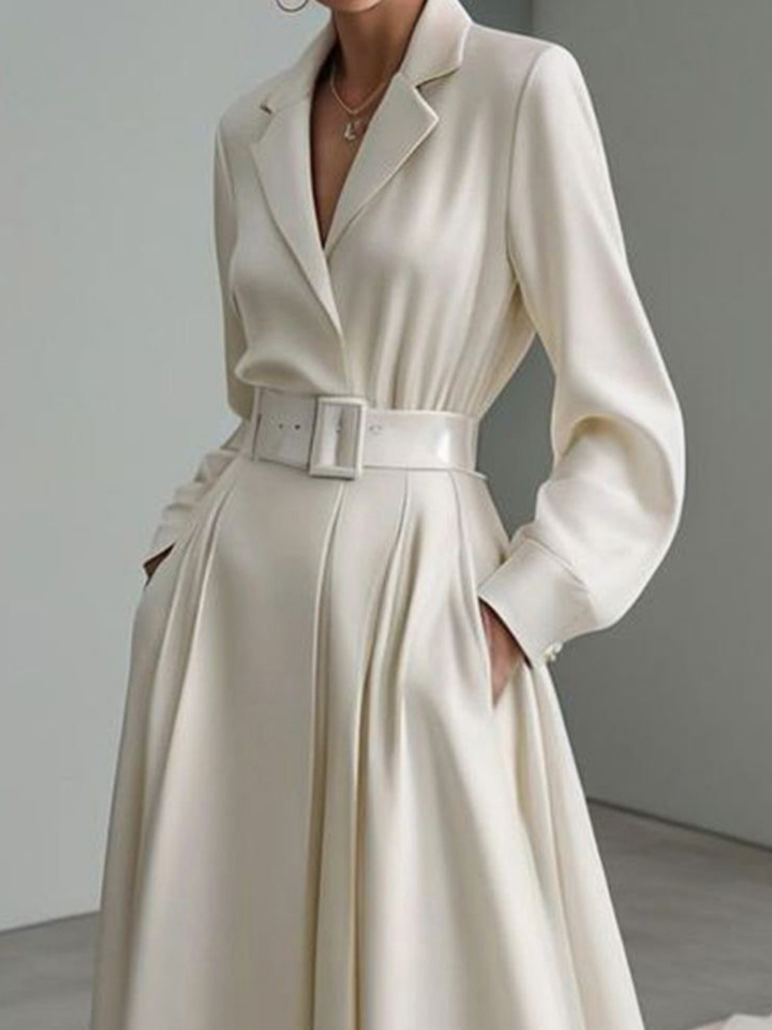 Long Sleeves Loose No Belt Solid Color Notched Collar Maxi Dresses