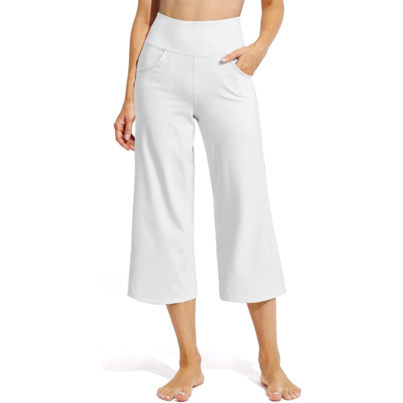 Women Wide Leg Yoga Capri High Waist Stretch Workout Sweatpants With Pockets Casual Straight Leg Pants