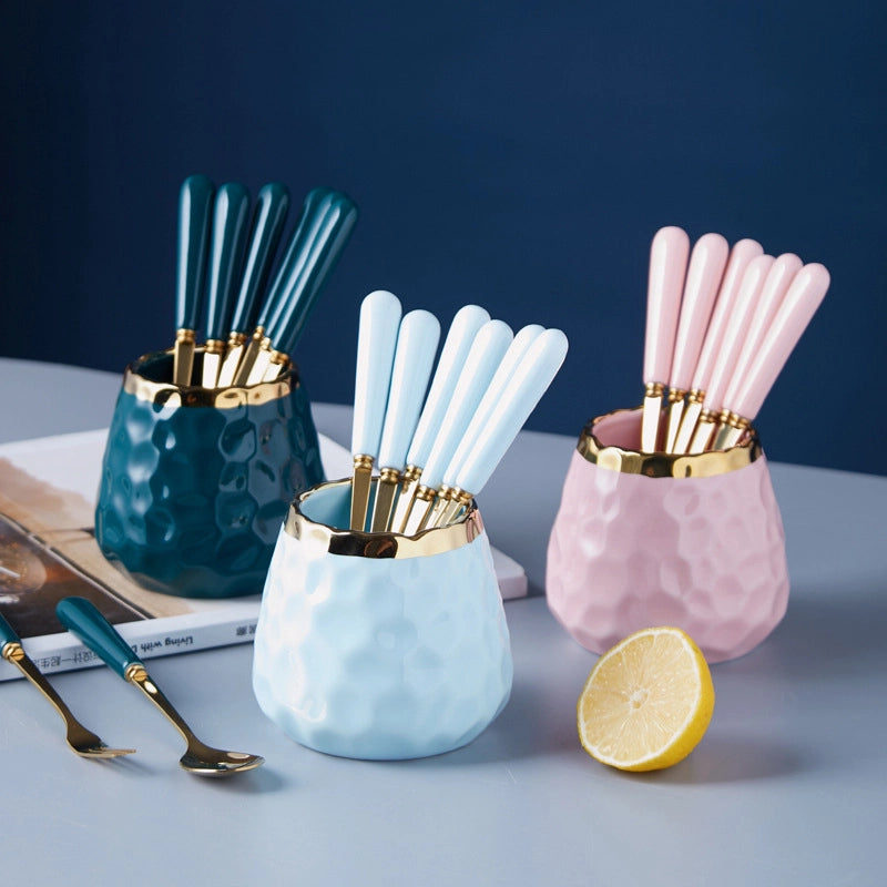 Simple Light Luxury Fruit Fork Spoon Ceramic Storage Cans Set Creative Fruit Sticks Household Stainless Steel Knife Fork Spoon
