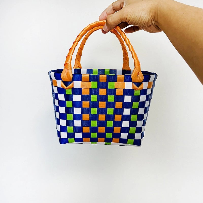 Women's PVC Color Block Plaid Vacation Weave Square Open Square Bag