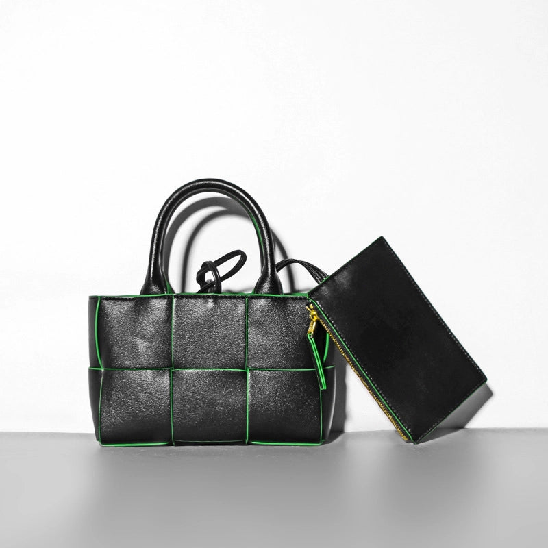 Women's Medium Two-Layer Cowhide Leather Solid Color Business Weave Square Open Shoulder Bag