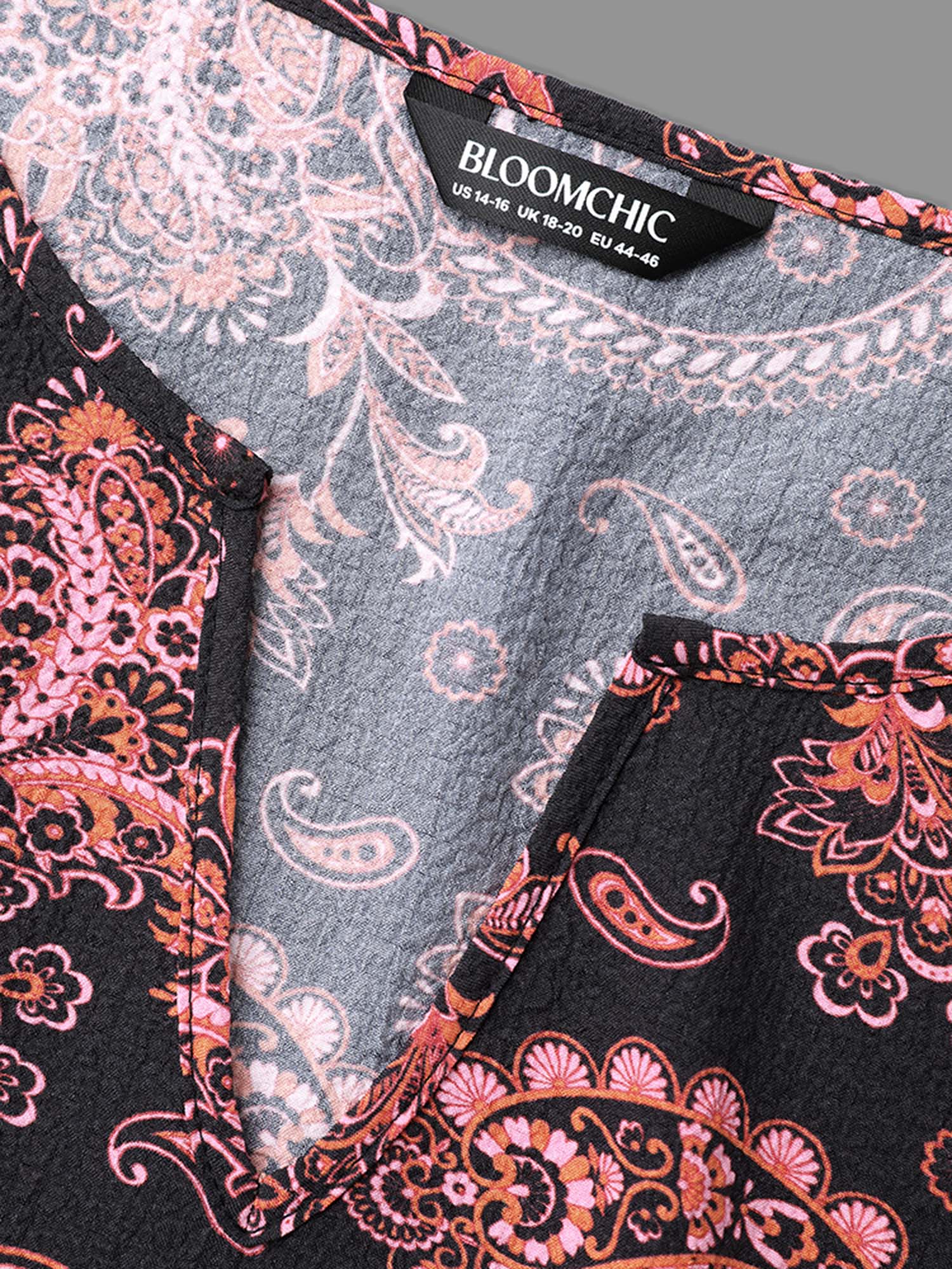 Boho Print Notched Collar Lantern Sleeve Dress