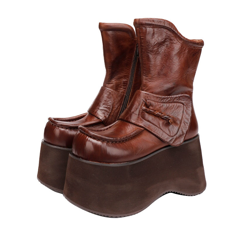 Retro Boots For Women Leather 90mm Platform Boots Touch-strap in Black/Coffee