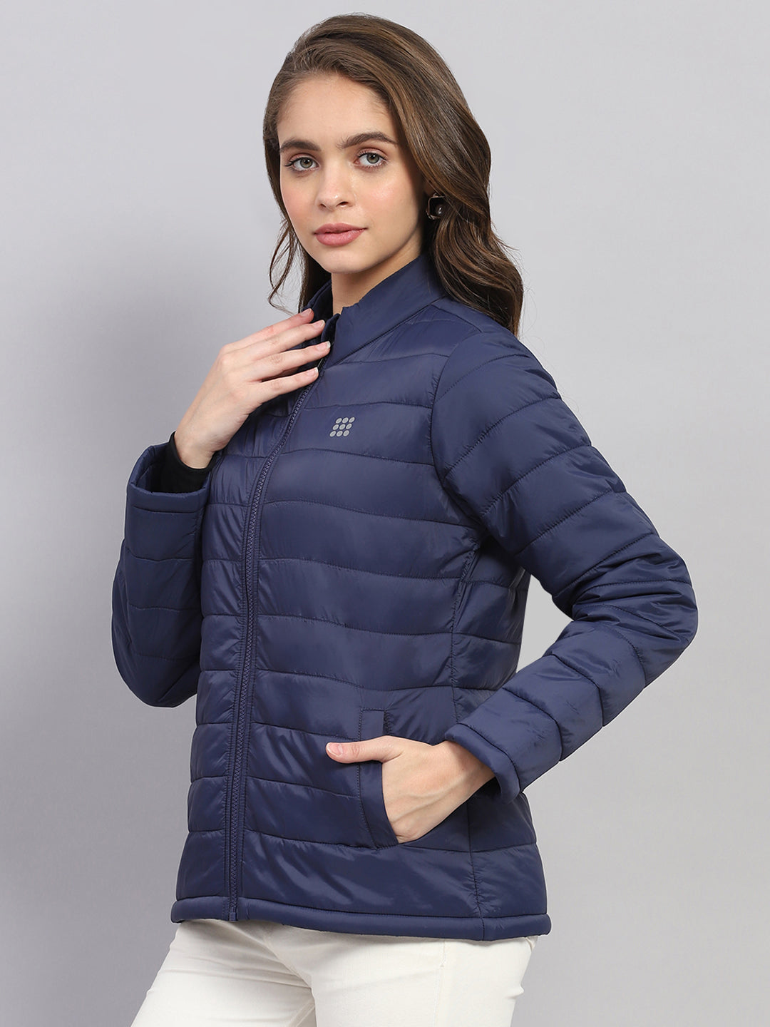 Women Navy Blue Solid Mock Neck Full Sleeve Jacket