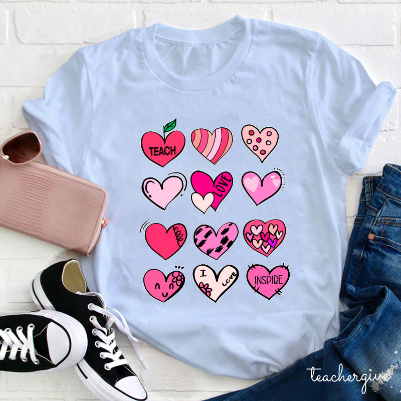 Cartoon Hearts Teach Love Inspire Teacher T-Shirt