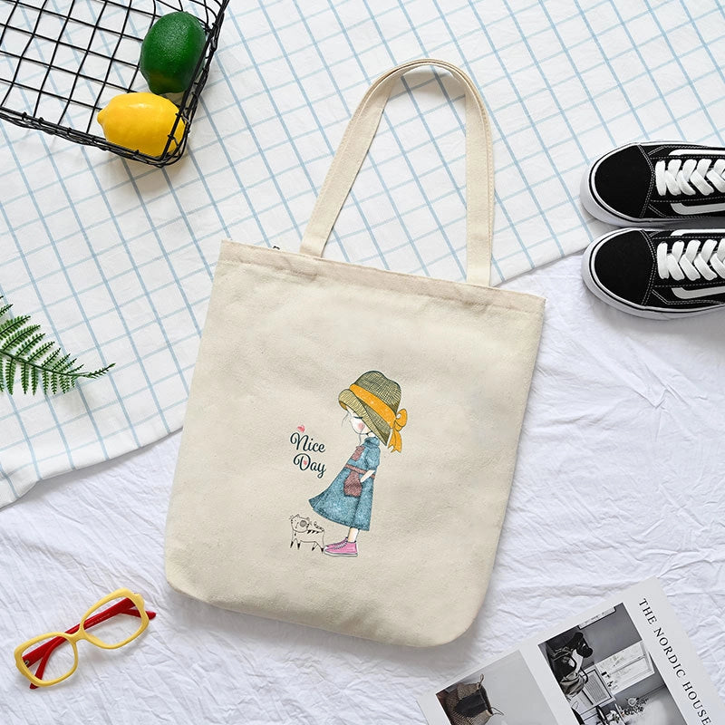 Women's Medium Canvas Cartoon Cute Square Zipper Shoulder Bag