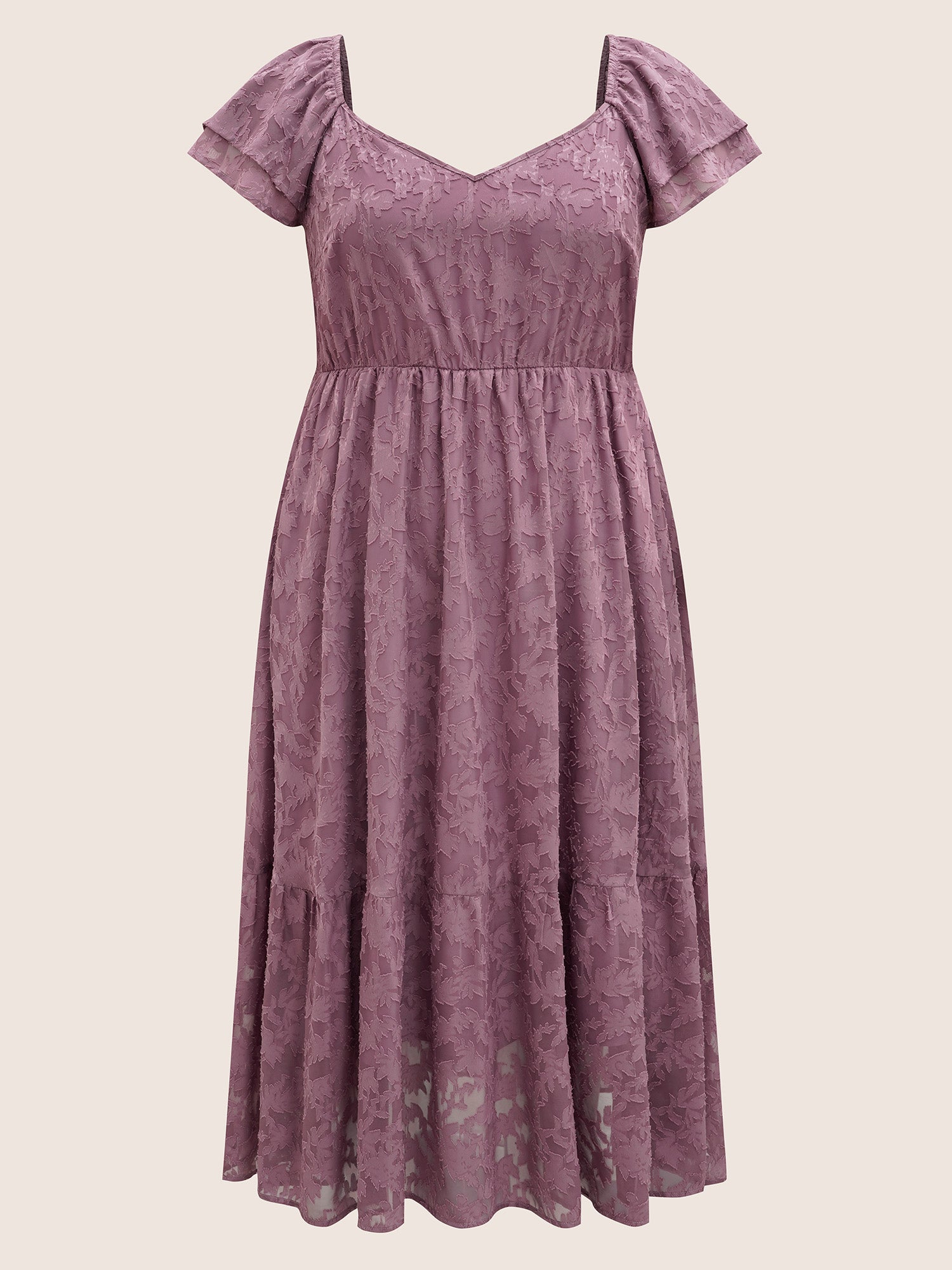 Heart Neckline Jacquard Tiered Ruffle Sleeve Dress