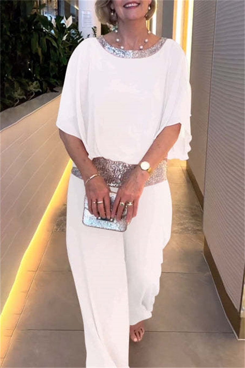 Casual Solid Color Sequins Patchwork O Neck Half Sleeve Two Pieces