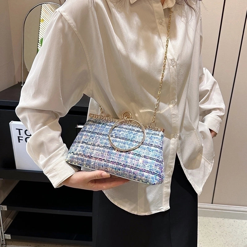 White Pink Blue Woven Fabric Solid Color Shell Sequins Evening Bags