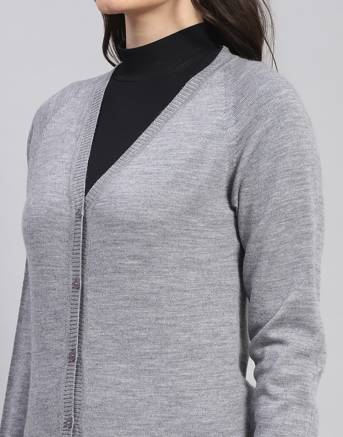 Women Grey Solid V Neck Full Sleeve Cardigan