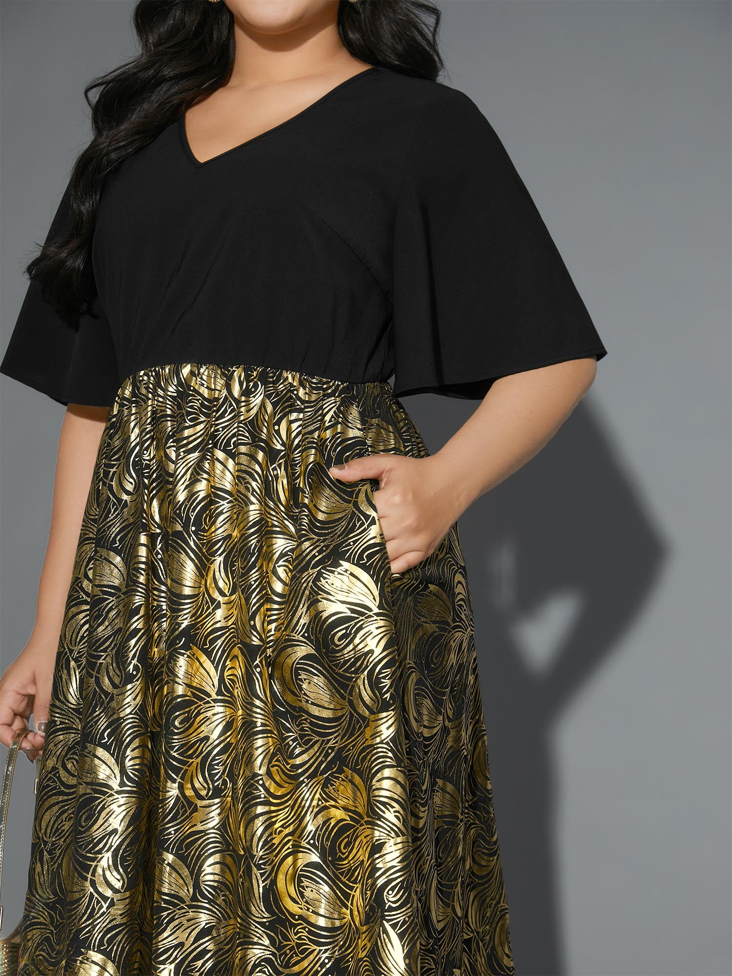 V Neck Glitter Flounce Sleeve Dress