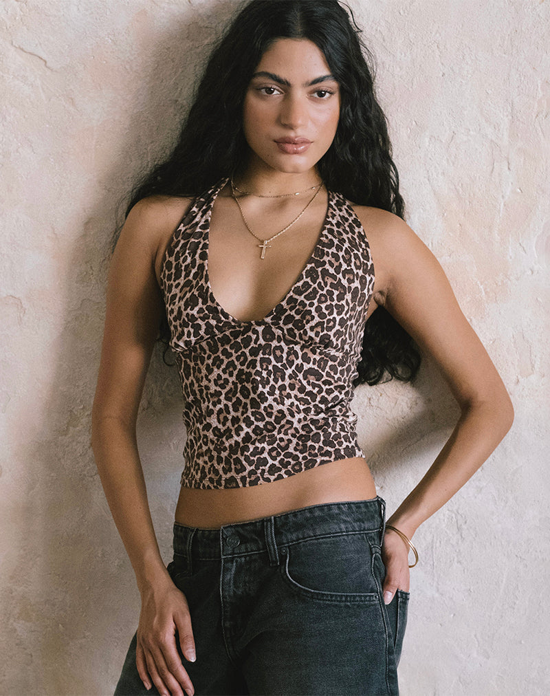 Cosimo Halterneck Top in Rar Leopard Sandstorm