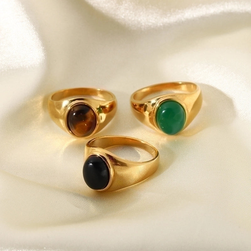 Retro Oval Stainless Steel Plating Inlay Agate 18k Gold Plated Rings