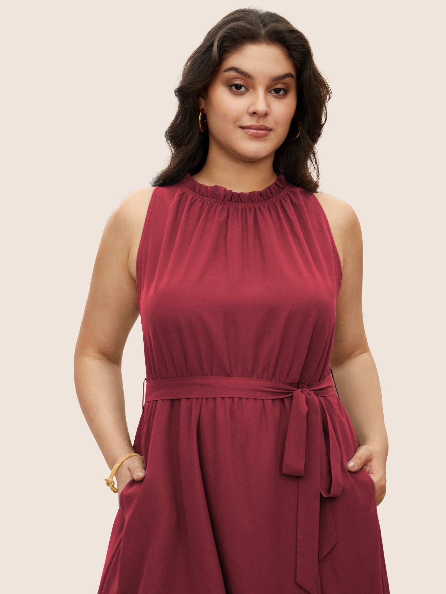 Plain Sleeveless Frill Trim Pocket Belted Mock Neck Dress