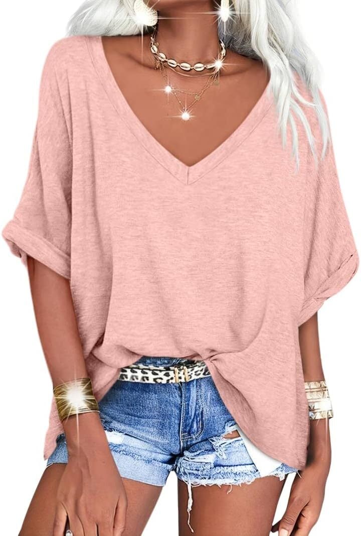 🔥PROMOTION LAST DAY🔥Women's Summer Tops Oversized Tshirts Half Sleeve Loose Fit V Neck Casual Blouse Tee