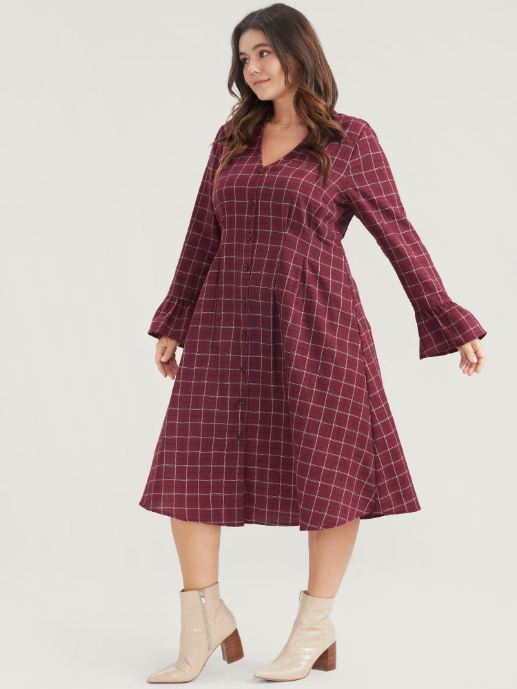 Gingham Pocket Button Up Bell Sleeve V Neck Dress Without Belt